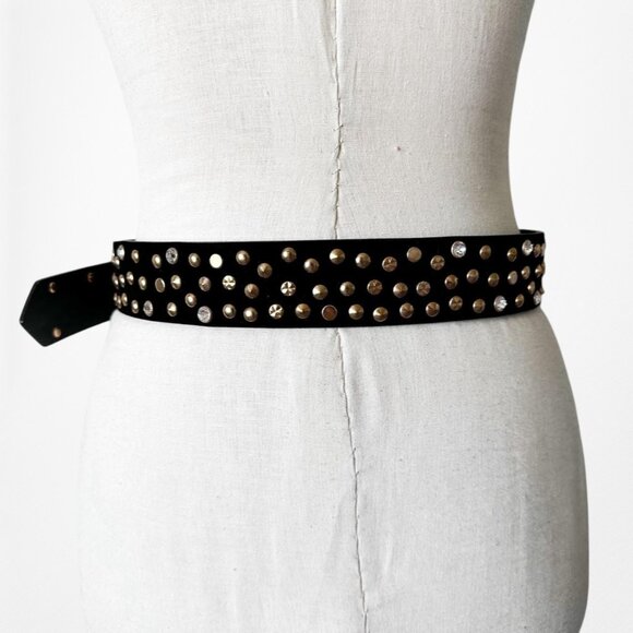 Zara Black Suede Gold Hardware Rhinestone Western Cowboy Inspired Belt - Picture 4 of 4